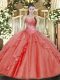 Sophisticated Coral Red Lace Up Sweetheart Beading and Ruffled Layers Quince Ball Gowns Tulle Sleeveless