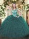 Vintage Teal Scoop Lace Up Beading and Ruffles Quince Ball Gowns Sleeveless