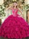 Fuchsia Lace Up Ball Gown Prom Dress Beading and Ruffles Sleeveless Floor Length