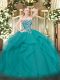 Amazing Teal Ball Gowns Sweetheart Sleeveless Tulle Floor Length Lace Up Beading and Ruffles Ball Gown Prom Dress