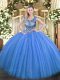 Stylish Blue Ball Gowns Beading Sweet 16 Dresses Lace Up Tulle Sleeveless Floor Length