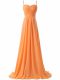 Elegant Orange Chiffon Criss Cross Spaghetti Straps Sleeveless Prom Dresses Sweep Train Ruching