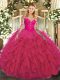 Excellent Hot Pink Long Sleeves Floor Length Lace and Ruffles Lace Up Quinceanera Dress