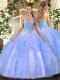 Tulle Straps Sleeveless Lace Up Beading and Ruffles 15th Birthday Dress in Light Blue