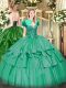 Floor Length Lace Up Ball Gown Prom Dress Turquoise for Military Ball and Sweet 16 and Quinceanera with Beading and Ruffled Layers