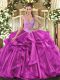 Sleeveless Organza Floor Length Lace Up Quince Ball Gowns in Fuchsia with Beading and Ruffles