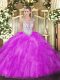 Fuchsia Sleeveless Floor Length Beading and Ruffles Zipper 15th Birthday Dress