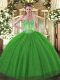 Extravagant Sleeveless Tulle and Sequined Floor Length Lace Up Quince Ball Gowns in Green with Beading