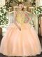 Great Floor Length Lace Up Quinceanera Dresses Peach for Military Ball and Sweet 16 and Quinceanera with Embroidery