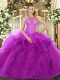 Chic Sleeveless Organza Floor Length Lace Up Quince Ball Gowns in Fuchsia with Beading and Ruffles