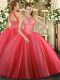 Custom Fit Coral Red Tulle Lace Up 15 Quinceanera Dress Sleeveless Floor Length Beading