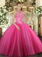 Hot Pink Sweet 16 Quinceanera Dress Military Ball and Sweet 16 and Quinceanera with Embroidery Halter Top Sleeveless Lace Up