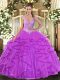Eggplant Purple Lace Up Straps Beading and Ruffles 15 Quinceanera Dress Tulle Sleeveless