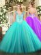 Aqua Blue V-neck Neckline Beading Quince Ball Gowns Sleeveless Lace Up