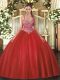 Floor Length Lace Up Quinceanera Gowns Coral Red for Military Ball and Sweet 16 and Quinceanera with Beading