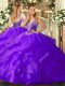 Customized Purple Tulle Lace Up Straps Sleeveless Floor Length Vestidos de Quinceanera Beading and Ruffles