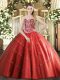 Gorgeous Red Ball Gowns Beading and Appliques 15th Birthday Dress Lace Up Tulle Sleeveless Floor Length