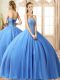 Baby Blue Tulle Lace Up Ball Gown Prom Dress Sleeveless Floor Length Beading
