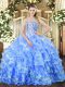 Blue Ball Gowns Sweetheart Sleeveless Organza Floor Length Lace Up Beading and Ruffled Layers Quince Ball Gowns