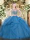 Blue Two Pieces Tulle Scoop Sleeveless Beading and Ruffles Floor Length Lace Up Quinceanera Dresses