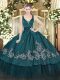 Cute Teal Zipper Ball Gown Prom Dress Beading and Embroidery Sleeveless Floor Length