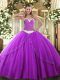 Purple Ball Gowns Tulle Sweetheart Sleeveless Appliques Mini Length Lace Up Quinceanera Dresses Brush Train