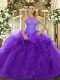 Latest Purple Organza Lace Up Ball Gown Prom Dress Sleeveless Floor Length Beading and Ruffles