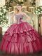 Exquisite Sleeveless Floor Length Beading and Ruffled Layers Lace Up 15 Quinceanera Dress with Hot Pink