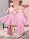 Beading Prom Gown Pink Lace Up Sleeveless High Low