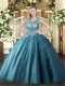 Artistic Teal Ball Gowns Scoop Sleeveless Tulle Floor Length Lace Up Beading and Appliques Quince Ball Gowns