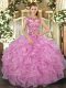 High End Lilac Ball Gowns Scoop Cap Sleeves Organza Floor Length Lace Up Beading and Appliques and Ruffles Sweet 16 Quinceanera Dress
