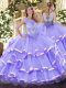 Sleeveless Floor Length Beading and Ruffled Layers Zipper Sweet 16 Quinceanera Dress with Lavender