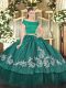 Superior Teal Organza and Taffeta Zipper Off The Shoulder Short Sleeves Floor Length Quinceanera Dress Embroidery