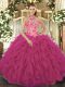 Beautiful Hot Pink Halter Top Neckline Beading and Embroidery and Ruffles 15 Quinceanera Dress Sleeveless Lace Up