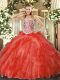 Dramatic Sweetheart Sleeveless Sweet 16 Dresses Floor Length Beading and Ruffles Coral Red Tulle