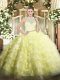 Extravagant Yellow Two Pieces Lace and Ruffled Layers Quinceanera Dress Zipper Tulle Sleeveless Floor Length