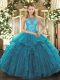 Fashion Organza High-neck Sleeveless Lace Up Beading and Ruffles Vestidos de Quinceanera in Teal