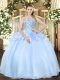 Dynamic Sleeveless Floor Length Beading Lace Up Quince Ball Gowns with Light Blue