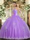 Sweetheart Sleeveless Quinceanera Gown Floor Length Beading and Appliques Lavender Tulle