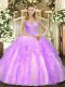 Sweet Tulle V-neck Sleeveless Lace Up Beading and Ruffles Quinceanera Dresses in Lilac