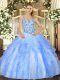Inexpensive Blue And White Ball Gowns Beading and Ruffles Quince Ball Gowns Lace Up Organza Sleeveless Floor Length