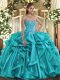 Admirable Floor Length Lace Up 15th Birthday Dress Teal for Military Ball and Sweet 16 and Quinceanera with Embroidery and Ruffles