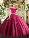 Flirting Hot Pink Zipper Off The Shoulder Appliques 15th Birthday Dress Tulle Short Sleeves