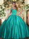 Fancy Turquoise Lace Up Halter Top Ruching Quinceanera Gown Satin Sleeveless