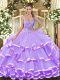 Organza Straps Sleeveless Lace Up Beading and Ruffled Layers Quince Ball Gowns in Lavender