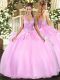 Pink Organza Lace Up Straps Sleeveless Floor Length Sweet 16 Dress Beading