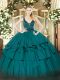 Teal Ball Gowns Organza Straps Sleeveless Beading and Ruffled Layers Floor Length Zipper Ball Gown Prom Dress