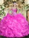 Fancy Floor Length Lace Up Quinceanera Dress Fuchsia for Military Ball and Sweet 16 and Quinceanera with Beading and Ruffles
