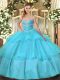Fashionable Aqua Blue Sweetheart Neckline Beading and Ruffled Layers Ball Gown Prom Dress Sleeveless Lace Up