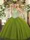 Fashionable Olive Green Ball Gowns Halter Top Sleeveless Tulle Floor Length Lace Up Beading Sweet 16 Dress